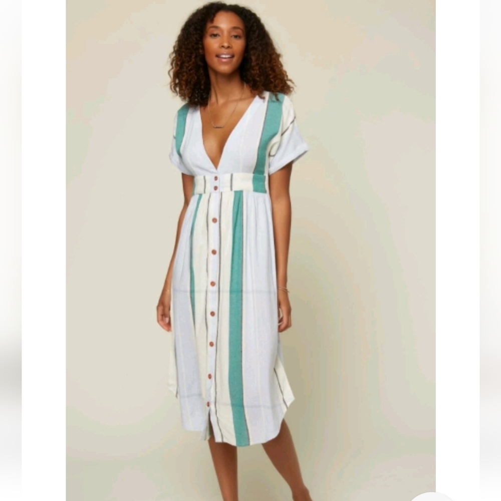 O'Neill White and Green Striped Midi Dress Size S